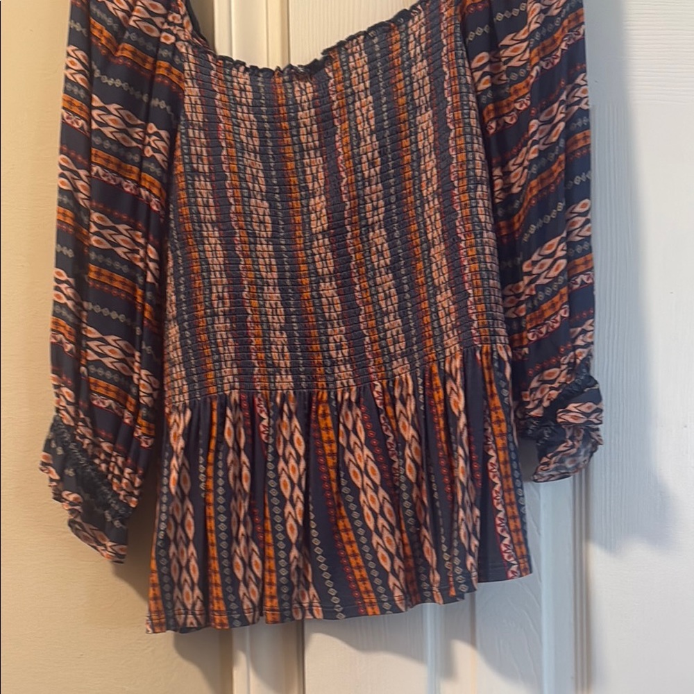 Blue and Orange Smocked Ruffled Blouse